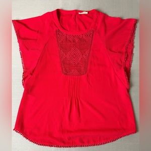 Anthropologie Meadow Rue Blouse Size XS Coral Red Pom Pom